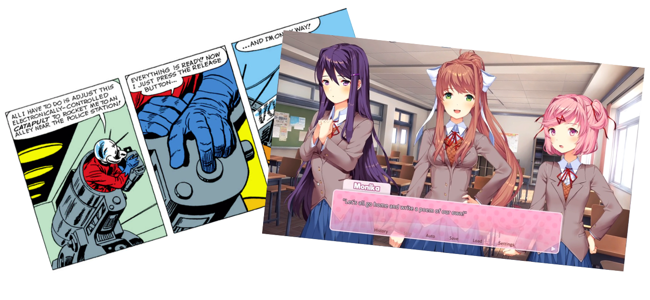 A screenshot from the visual novel Doki Doki Literature Club, and a collection of three comic book panels showing the superhero Ant-Man