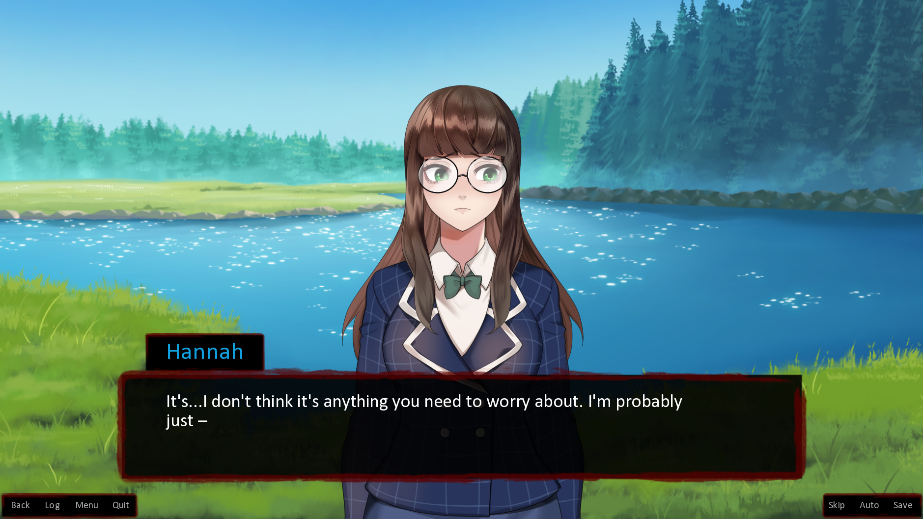 A screenshot from the visual novel The Many Deaths of Lily Kosen. The character Hannah is talking to the protagonist and looks worried.