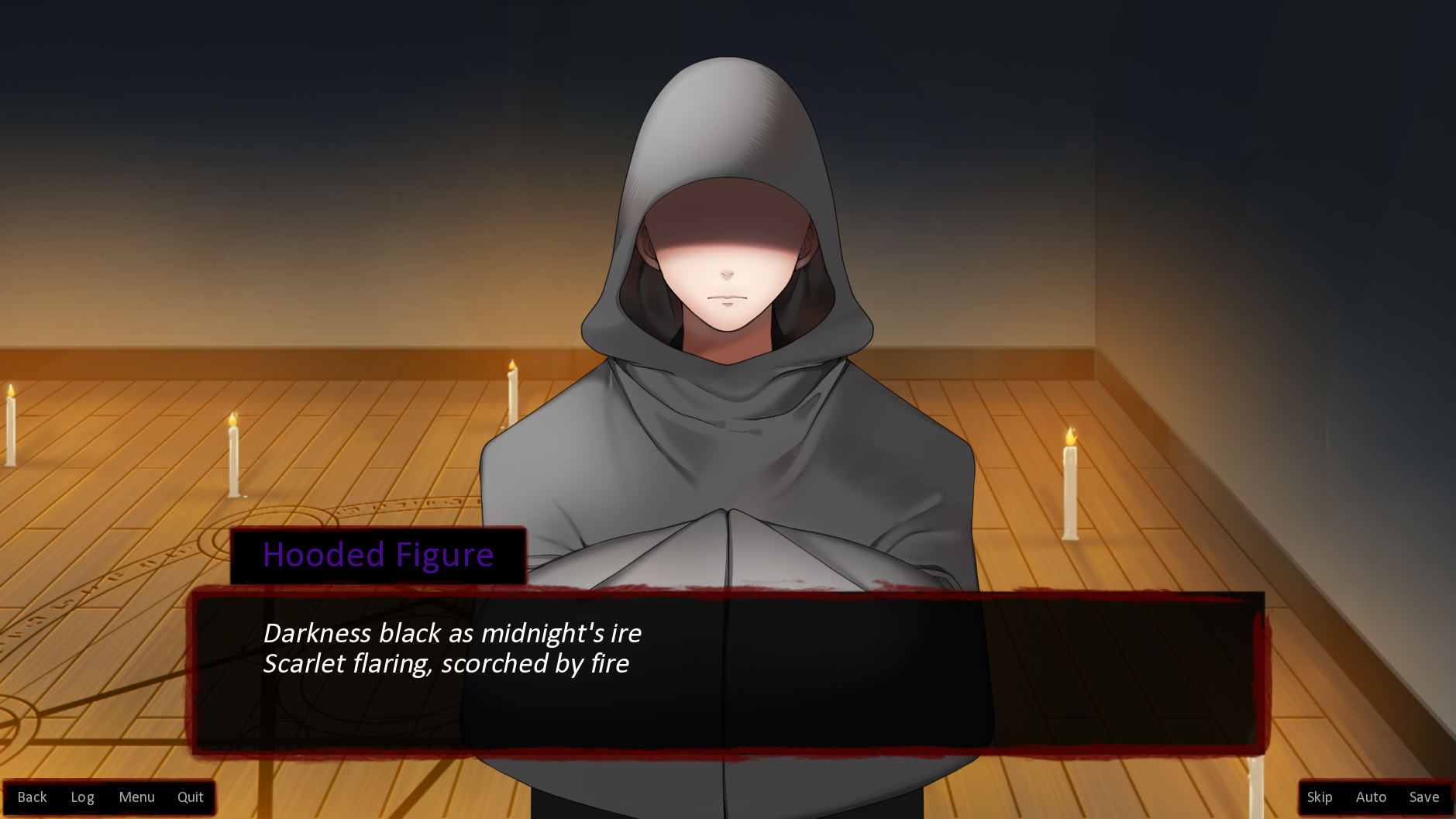 A screenshot from the visual novel The Many Deaths of Lily Kosen. A mysterious hooded figure is chanting in some sort of spell.