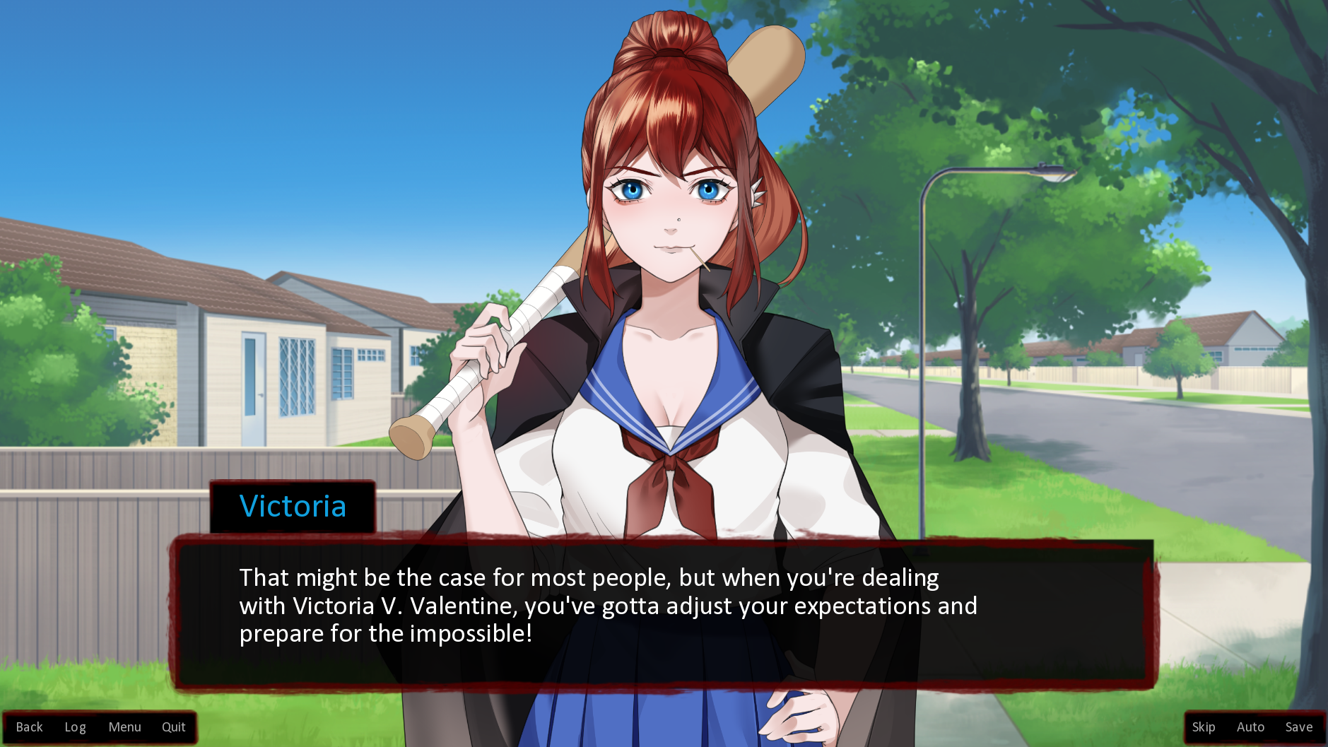 A screenshot from the visual novel The Many Deaths of Lily Kosen. The character Victoria is talking to the protagonist and smiling.
