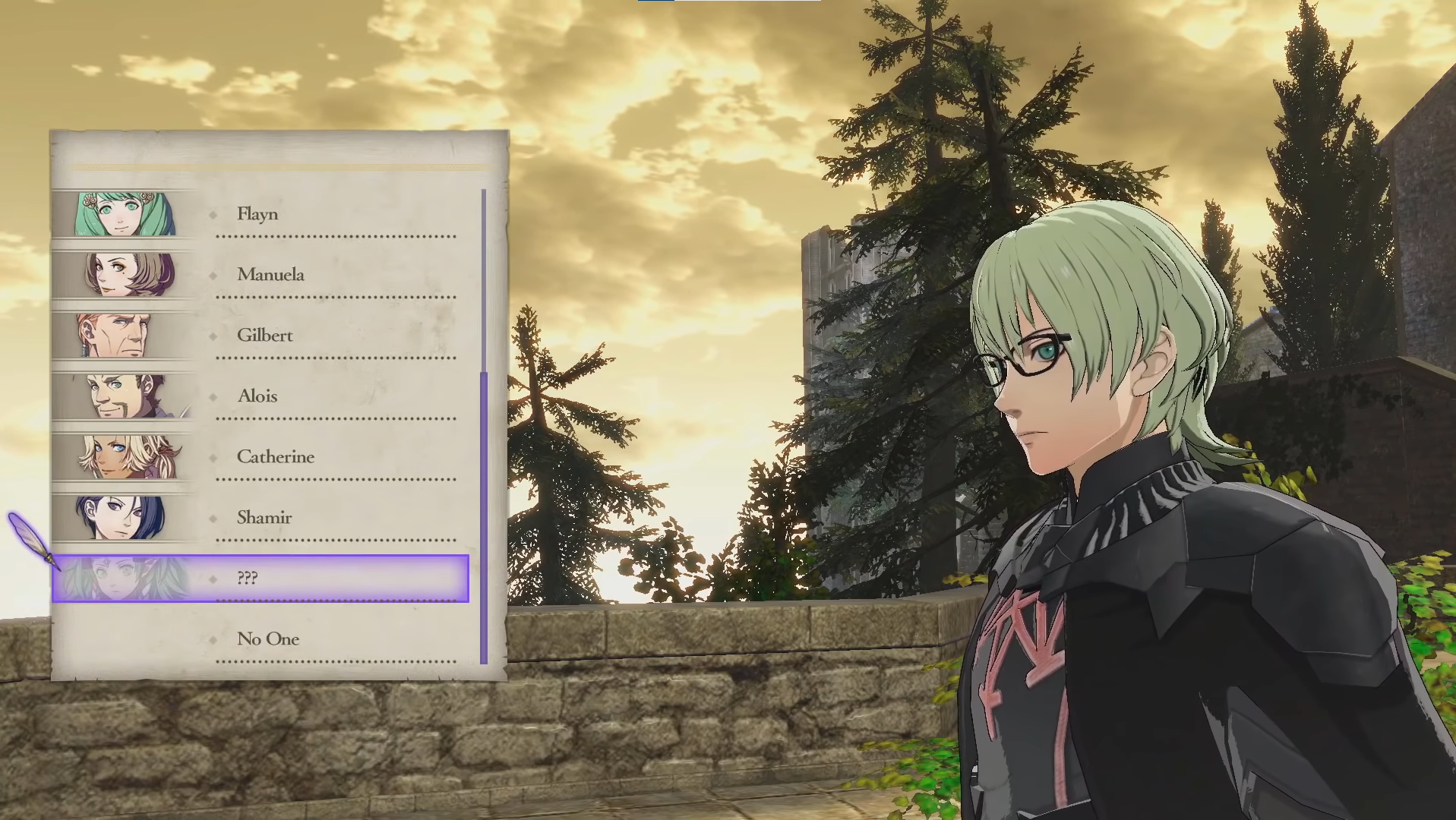 A picture of the protagonist of Fire Emblem: Three Houses, Byleth. He is debating who to marry before the climax of the game.