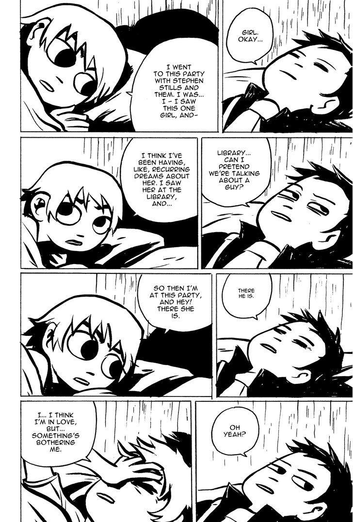 A scene from the graphic novel Scott Pilgrim's Precious Little Life. Scott Pilgrim is talking to his housemate, Wallace Wells.