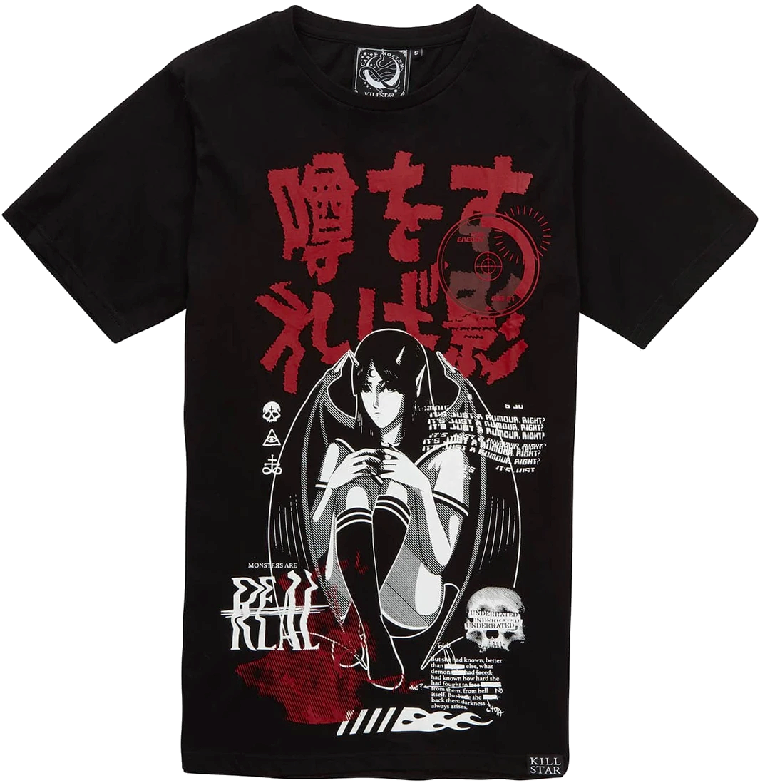 A shirt from the brand Killstar. It features an image of a demonic-looking girl, surrounded by distorted text.