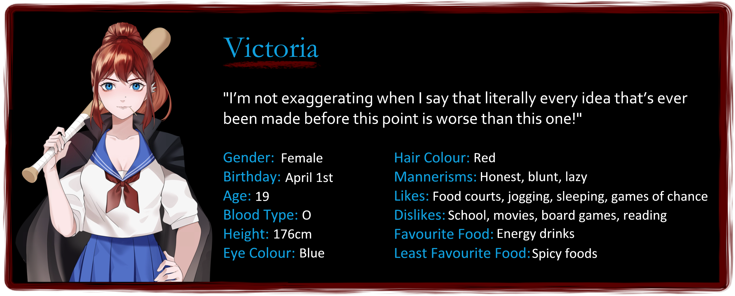 A profile card containing information about Victoria, one of the characters in The Many Deaths of Lily Kosen