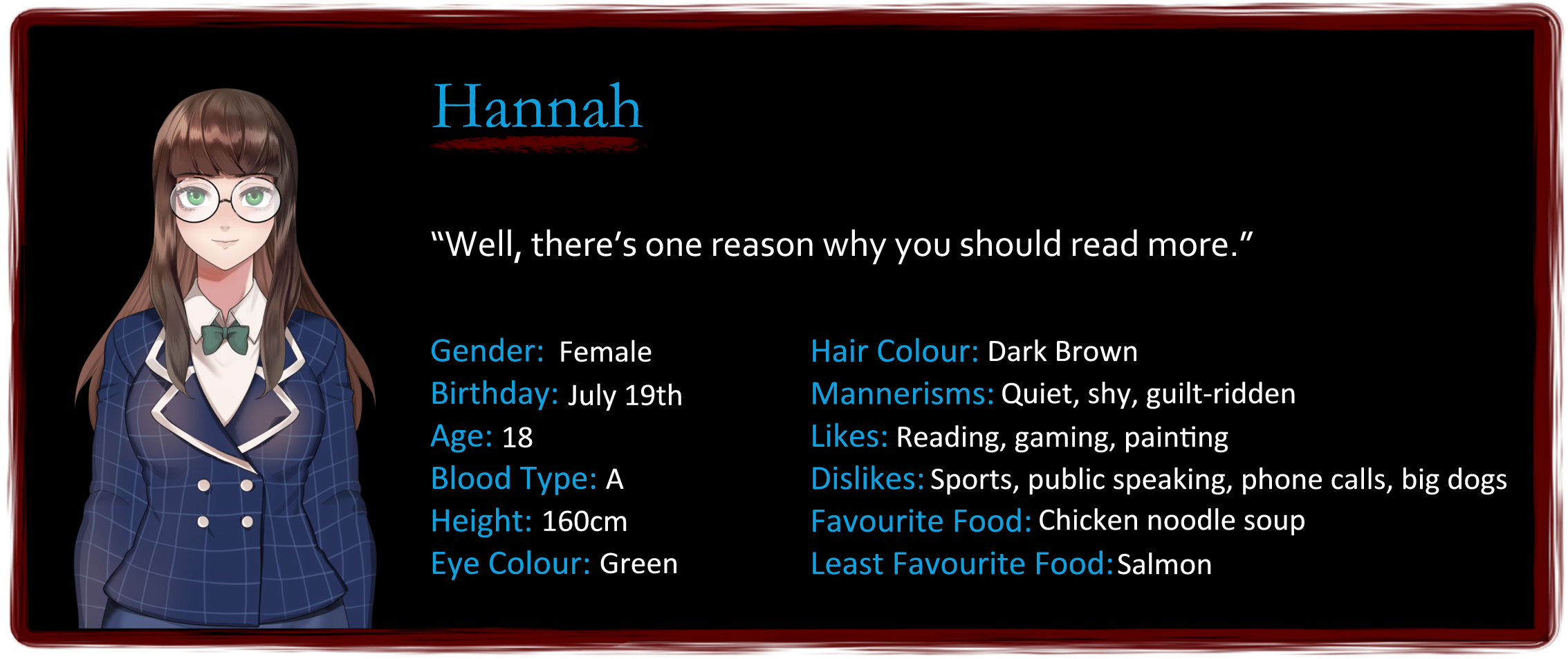 A profile card containing information about Hannah, one of the characters in The Many Deaths of Lily Kosen