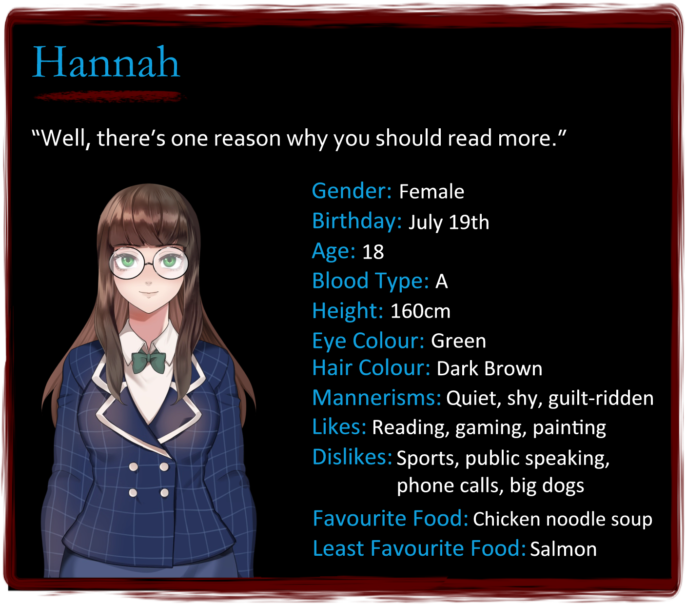 A profile card containing information about Hannah, one of the characters in The Many Deaths of Lily Kosen