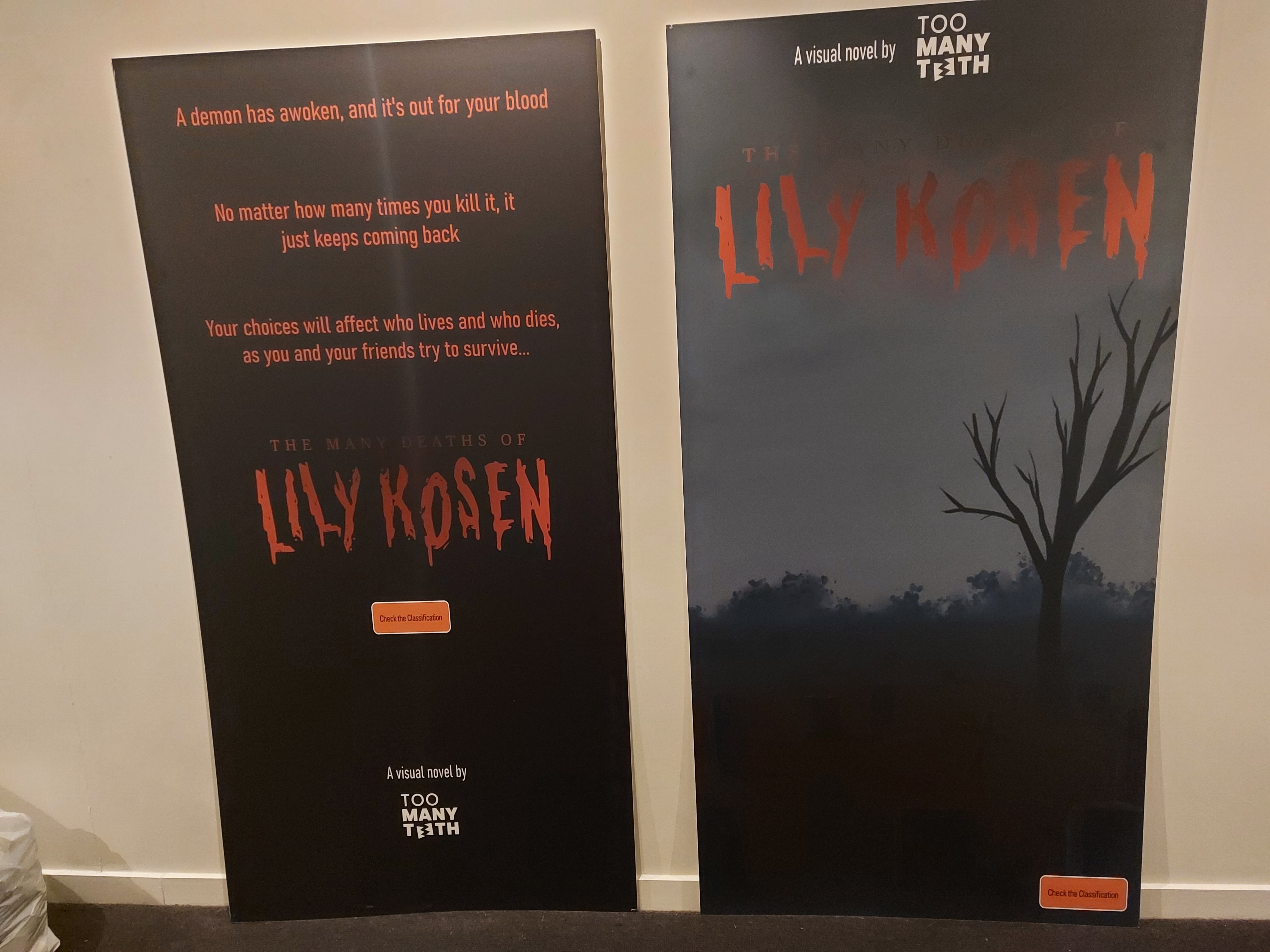 Two prints of artwork from The Many Deaths of Lily Kosen which were exhibited at PAX 2022