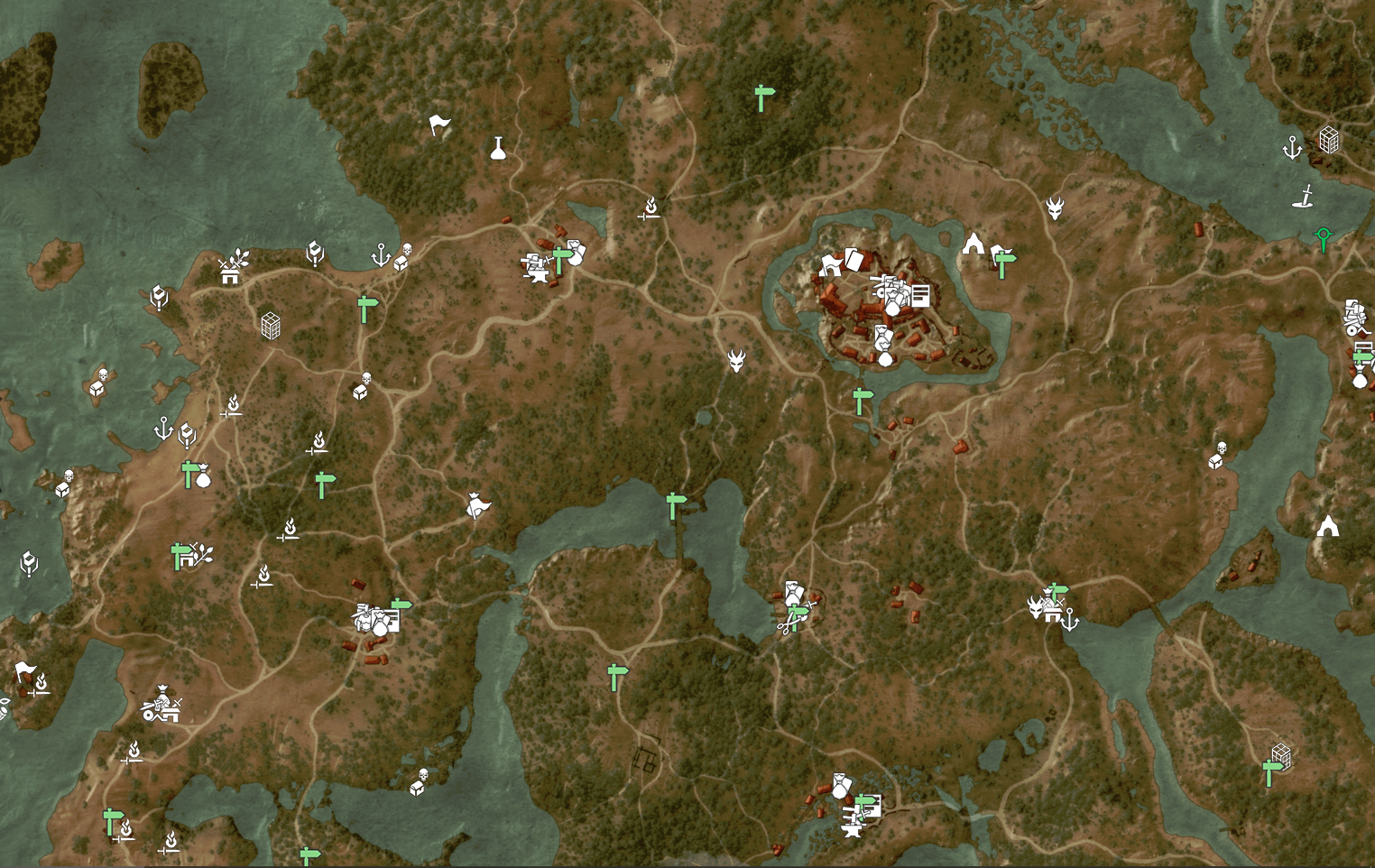 A map from The Witcher 3: The Wild Hunt. It shows many landmarks and markers indicating content upon it.
