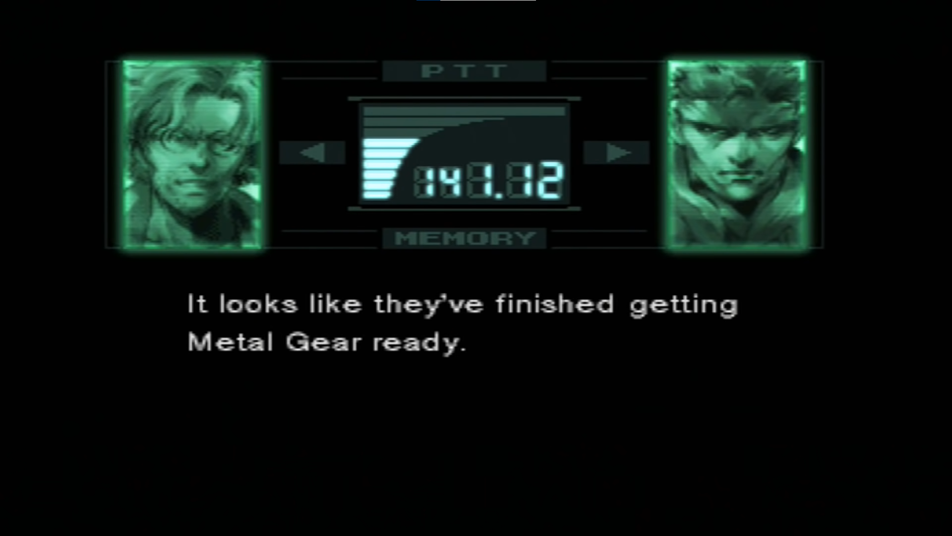A screenshot from the video game Metal Gear Solid. The protagonist, Solid Snake, is talking to his friend, Otacon.