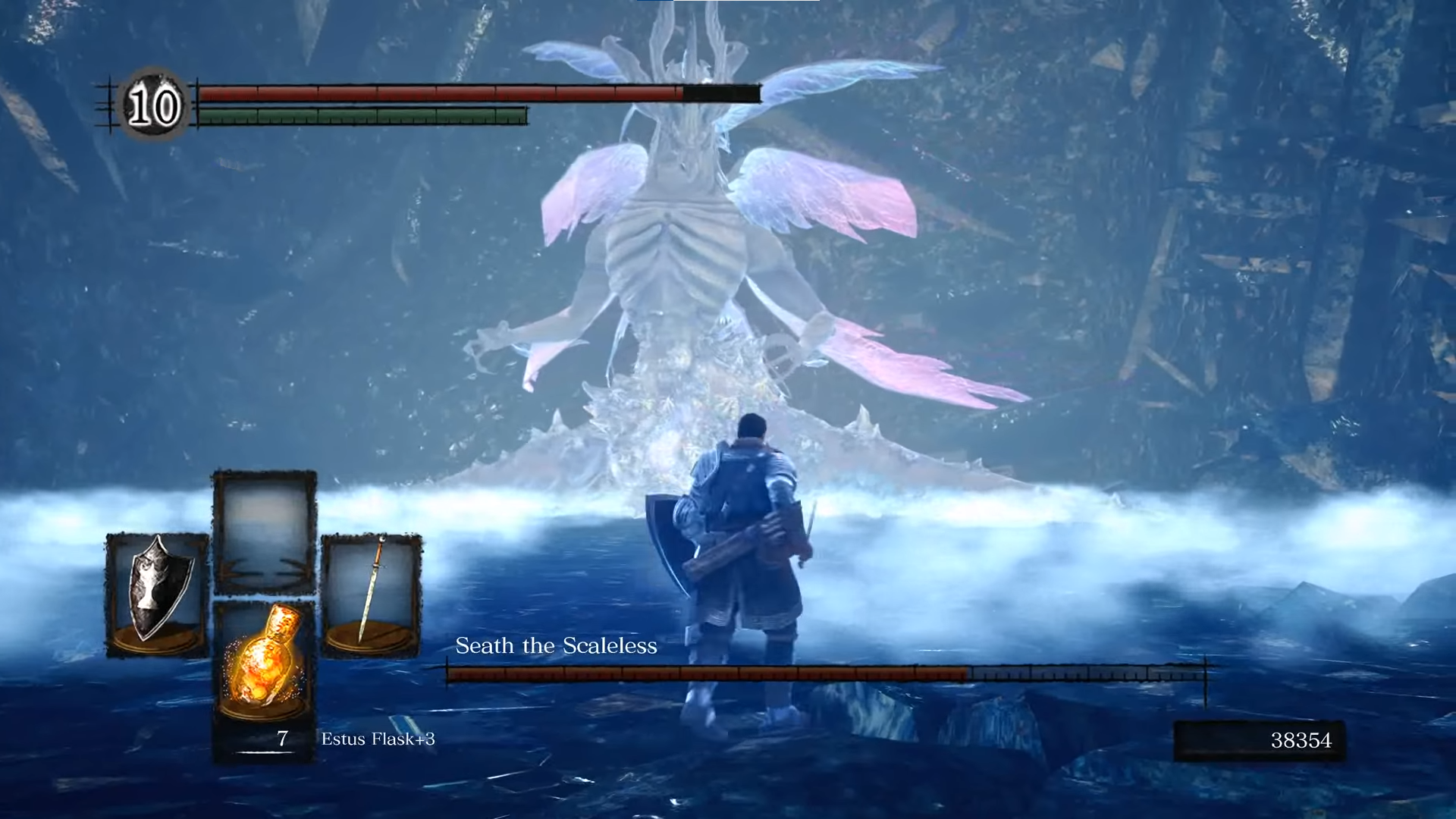 A screenshot from the video game Dark Souls. The protagonist is fighting a large dragon called Seath the Scaleless.
